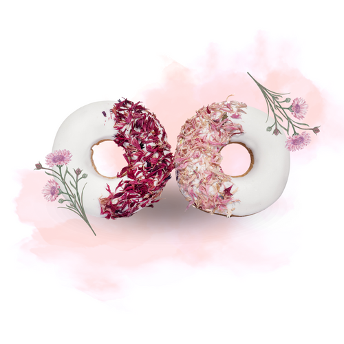 Candy Horse Donuts pink kornblomst I Sæt med 2 hestegodbidder i form af donuts med glasur og urter